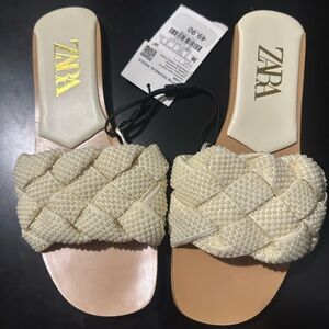 Zara Women's Beige tiny pearl Woven Slide Sandals